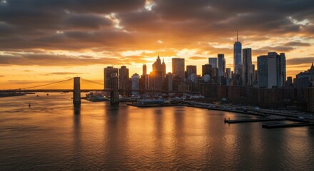 Fototapeta premium Dazzling reflections of the city lights blend with the colors of the sunset on the waterfront.