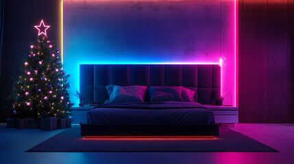 Modern luxury bedroom with glowing christmas tree and colorful neon lights, neon, colors, christmas. Ambient Fluorescence. Illustration