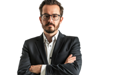 Confident businessman crossing arms on transparent background