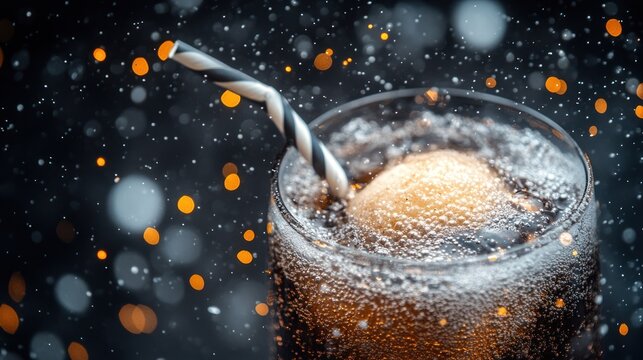 Sparkling soda drink with a straw in a glass, festive background, close-up