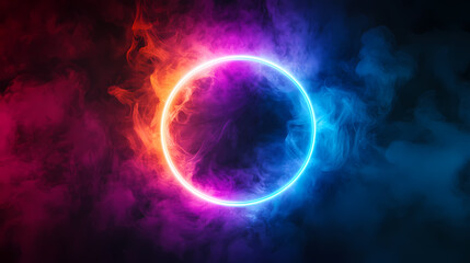Obraz premium Neon light ring display in colorful smoke background. Ambient Fluorescence. Illustration