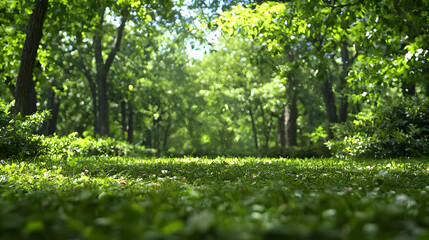 Obraz premium Lush Green Forest With Sunlight Filtering Through Trees Creating Tranquil and Scenic Natural Background