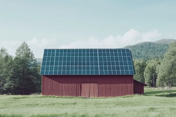 Obraz premium Field of solar panels installed on a traditional barn beside a green landscape in a rural setting Generative AI