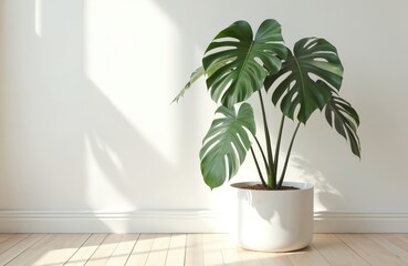 Fototapeta premium Monstera deliciosa plant in white pot on wooden floor against white wall. Swiss cheese houseplant as trendy home decor element in minimalist scandinavian style. Copy space for product demo.