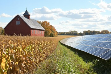 Solar panels positioned alongside a traditional red barn in a vibrant agricultural landscape during autumn Generative AI