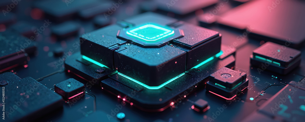 Fototapete Digital tech illustration of block boxes for crypto security. Big datum cyber system. Three-dimensional tech, modern exchange, virtual technology, digital cyber network, business concept, futuristic