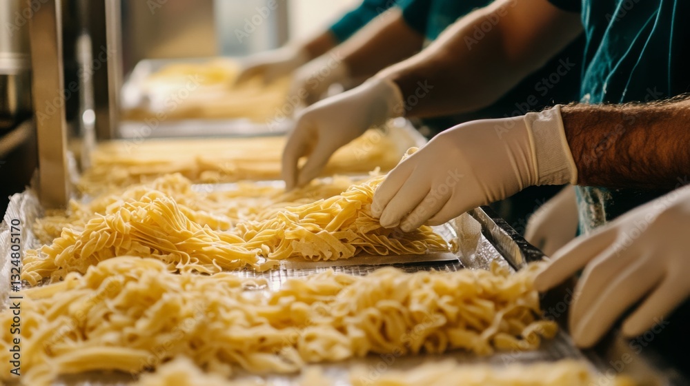Poster workers wearing gloves carefully handle fresh pasta on a production line, utilizing technology to en