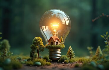 Small toy house with trees placed inside glowing light bulb. Eco concept, green energy, renewable resources. Ecological home, electricity innovation, power solutions. Planet protection, environmental