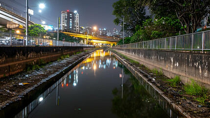 Fototapeta premium Urban Canal Reflecting City Lights At Night With Modern Architecture And Dark Waters