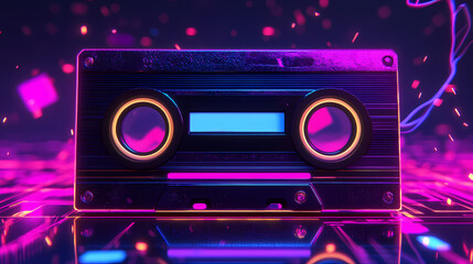 Fototapeta premium Retro cassette in neon colors with an ambient night vibe perfect for music lovers. Ambient Fluorescence. Illustration