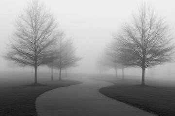 Fog envelops a winding path through a desolate forest with bare trees in a tranquil setting Generative AI