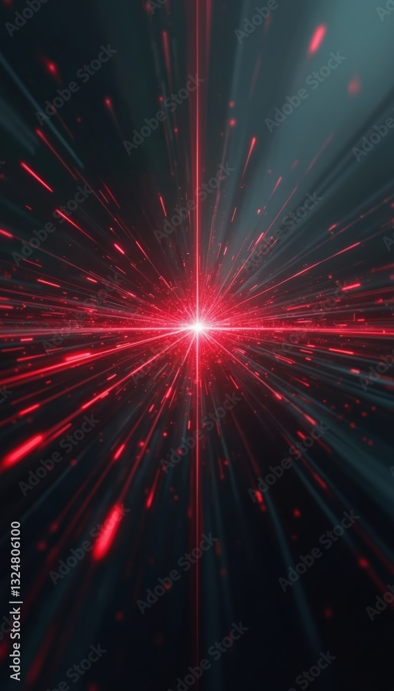 Poster Red glitch effect abstract background. Digital graphic art with vibrant lines, light beams. Futuristic tech wallpaper design. Dynamic energy with intense, bold visual elements. Striking contemporary