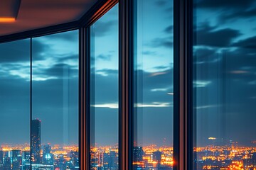 City skyline view from a modern high-rise window at dusk. Possible use Stock photo for architectural and interior design magazines, websites, and blogs