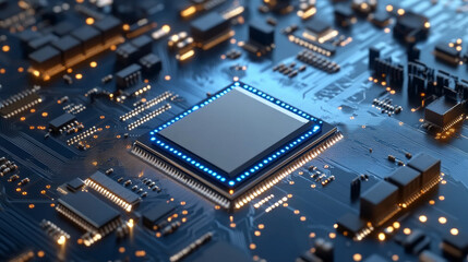 CPU of phone. Microchip, smd electronic components of mobile device on circuit board or motherboard. Digital Processor, parts of repair smartphone. Engineering and develop electronic microcontroller.