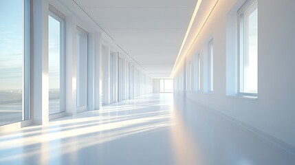 Fototapeta premium Bright Modern Corridor with Large Windows, A bright, modern corridor with large windows and a reflective floor