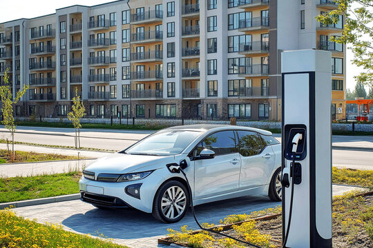 A sleek electric vehicle is plugged into a charging station in front of a contemporary apartment building on a sunny day. Greenery adds a lively touch to the development