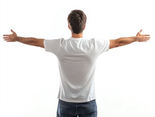 Rear view of a man with his arms wide open, isolated on a white background, in a candid pose, depicting the concept of freedom Generative AI