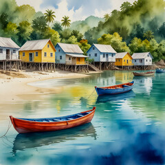 Obraz premium Watercolor illustration of a charming fishing village in Port Antonio, with colorful wooden boats floating in the crystal-clear water.