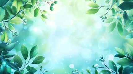 Obraz premium Fresh Green Leaves Frame on Blue Bokeh Background, Ideal for Wellness, Nature, and Spring Banners