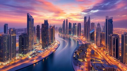 Obraz premium Stunning sunset view over a vibrant city skyline with a winding river in the foreground