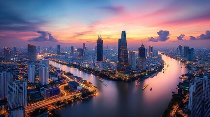 City skyline at sunset along the river with vibrant colors and modern architecture in Ho Chi Minh City