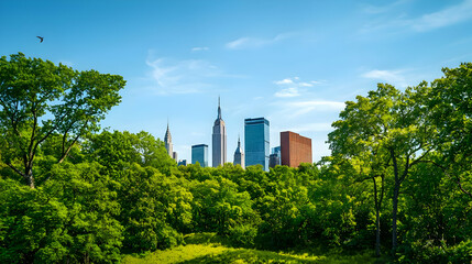 Fototapeta premium New York City Skyline Framed By Lush Green Trees In A City Park On A Sunny Summer Day With Blue Sky