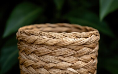 Obraz premium Close-Up of a Light Brown Woven Basket Against a Dark Green Background