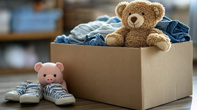 Donation Box with Stuffed Animals and Baby Clothes