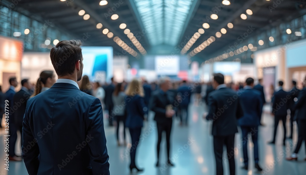 Poster photo captures crowd of business executives in formal suits at blurred exhibition hall. conference e