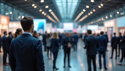 Photo captures crowd of business executives in formal suits at blurred exhibition hall. Conference event with copy space ideal for networking collaboration, pro presentations, successful business