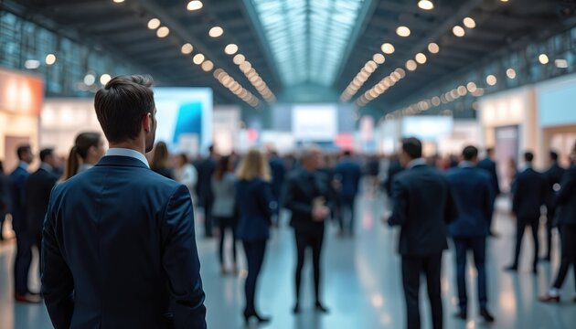 Photo captures crowd of business executives in formal suits at blurred exhibition hall. Conference event with copy space ideal for networking collaboration, pro presentations, successful business