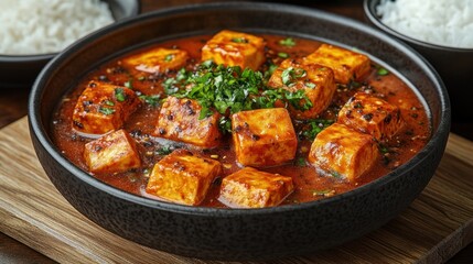 Fototapeta premium Spicy pan-fried tofu in dark bowl, with rice in background