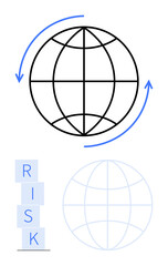 Rotating globe with blue arrows, stacked blocks spelling RISK, and faded globe outline. Ideal for business, risk analysis, global strategy, decision-making, finance, planning abstract line flat