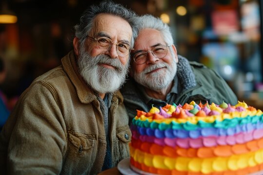 Happy senior gay couple celebrating with a colorful rainbow cake in a cafe - Powered by Adobe