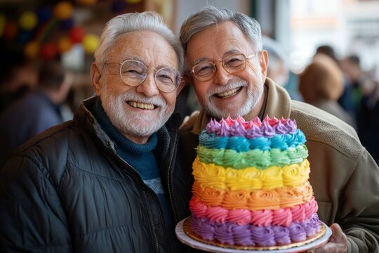 Two happy senior men smiling and showing rainbow cake, celebrating their love and relationship - Powered by Adobe