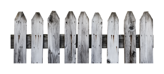 Aged wooden fence with weathered white paint and knotted texture, cut out