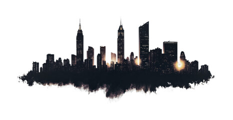 Fototapeta premium Dramatic nighttime skyline with glowing city lights and skyscrapers, cut out