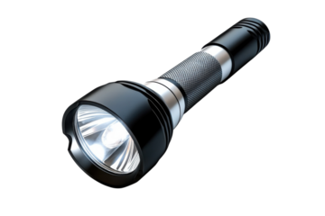 A sleek black flashlight rests on a smooth surface, ready to illuminate the darkness ahead isolated on transparent background