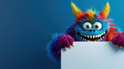 Naklejka premium A unique, colorful monster with vibrant fur and a cheerful expression holds up a blank sign. The whimsical creature stands in front of a bright blue background, creating a playful atmosphere