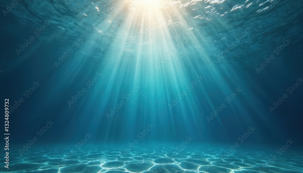 Poster underwater scene featuring sun rays penetrating clear blue ocean water. sunbeams illuminate depths c