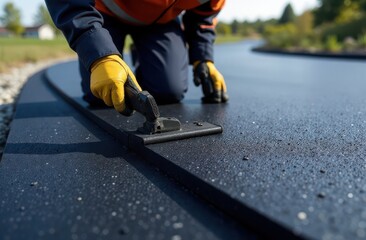 A man takes measurements after laying asphalt pavement to decide whether to put a new road into operation