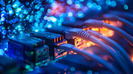 Abstract image of ethernet cables connected in network switches. Vector low poly wireframe looks like constellation. Internet connection, global network information technology concept in dark blue
