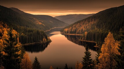 Fototapeta premium Autumnal Mountain Lake Reflecting Sunset