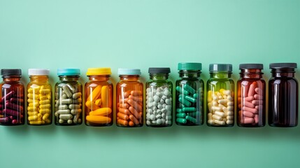 Studio Shot of Colorful Assorted Health Supplement Bottles on Seafoam Green Background, Copy Space