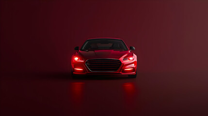 Red Pixelated Sports Car With Headlights On In Dark Studio Background With Reflections 3D Rendering