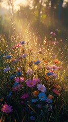 Vibrant wildflowers in sunlit meadow at dawn with dew-kissed petals