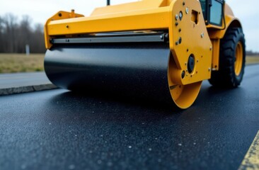 An asphalt roller compacts asphalt pavement before a new road is put into operation