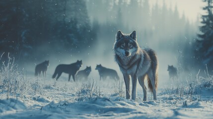 Naklejka premium A pack of wolves moves gracefully through a snow-covered forest in twilight. The foreground features a lone wolf gazing intently, with others blending into the soft, misty background
