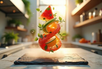 impressive visual display floating ingredients showcasing gravity defying food aesthetics dazzling culinary art techniques, arrangement, artistry, balance