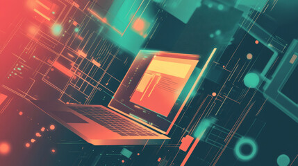 Abstract scientific mobile technology, chemical research poster polygonal design. Technology high tech science low poly wireframe banner vector template. Laptop with forensics software 3d mesh polygon